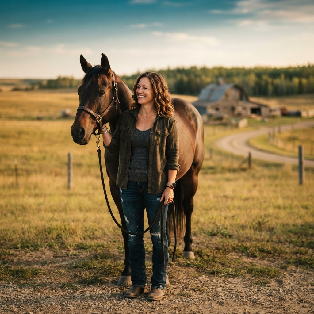 Tanya Michel outdoors with a horse